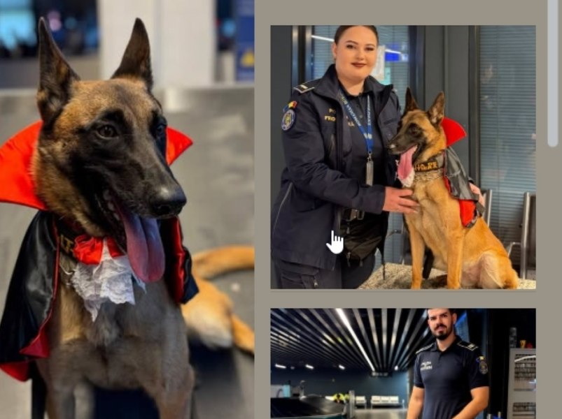 Imagini cu „vigilenta contesă” care păzește de Halloween Aeroportul Otopeni. Cine este Hita, vedeta Poliției de Frontieră