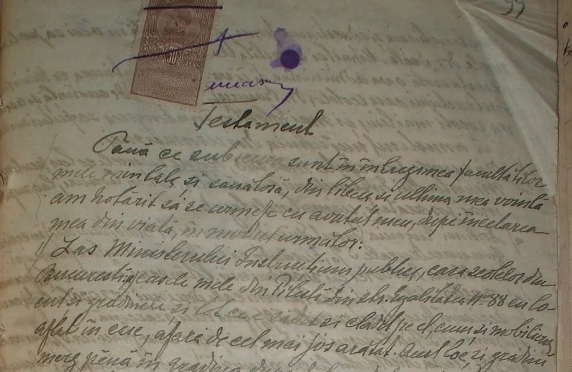 Testamentul întocmit la Piteşti, pe 31 mai 1921, document ce se găseşte în Arhivele Naţionale - Argeş