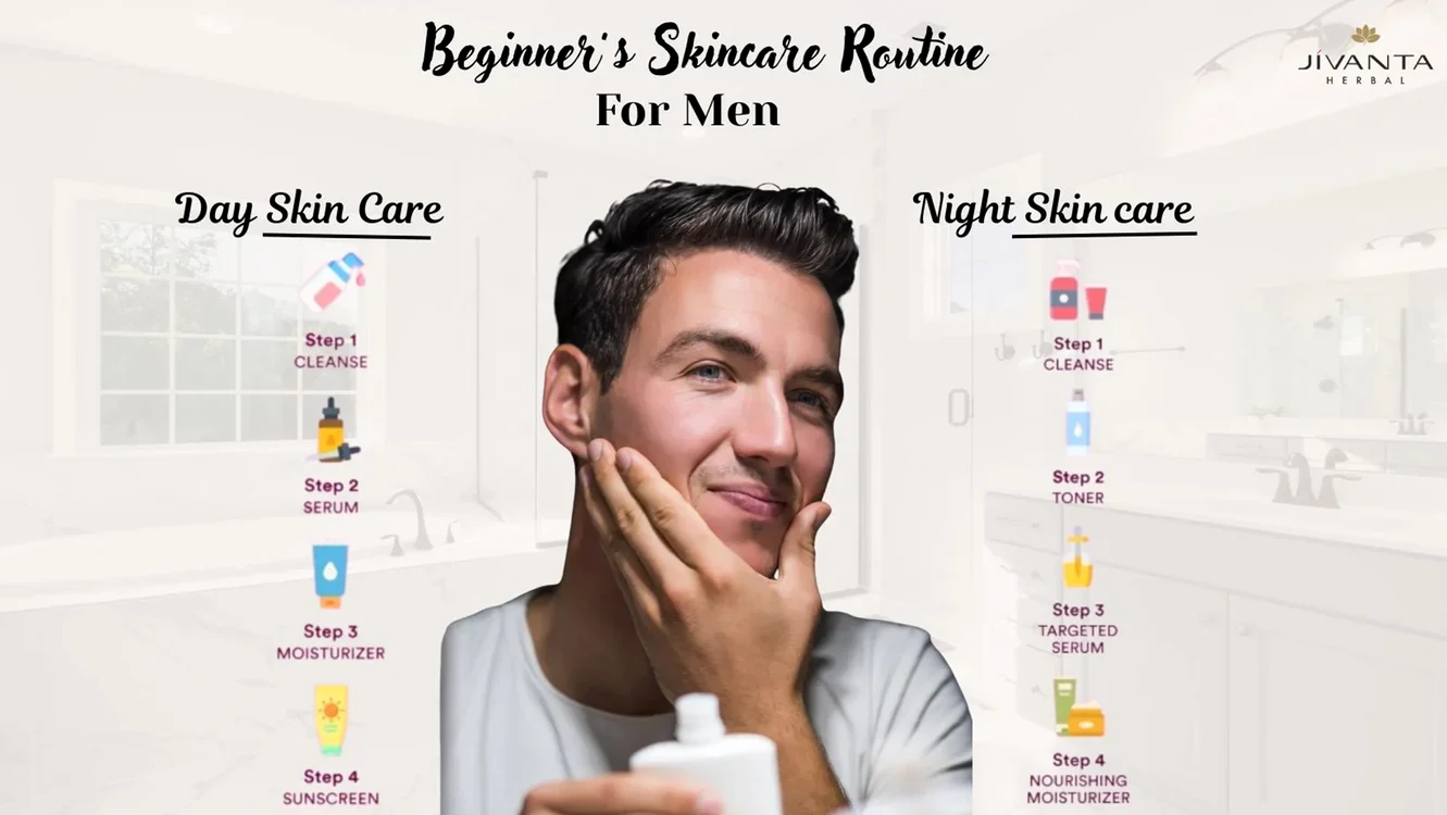 Imagine care prezintă rutina zilnică de îngrijire a pielii pentru începători-bărbați /Jivanta Herbal