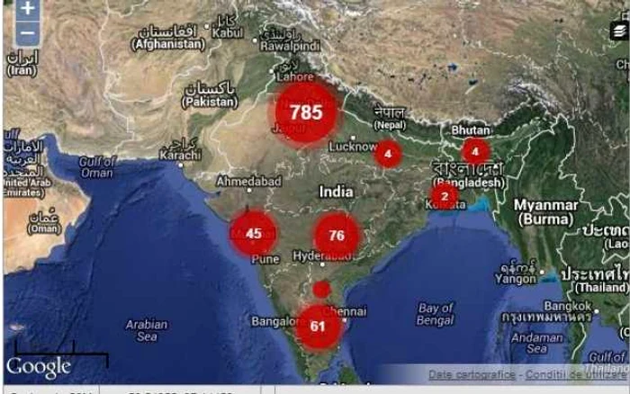 India şi oraşele cu cele mai multe incidente raportate. FOTO: Google Maps