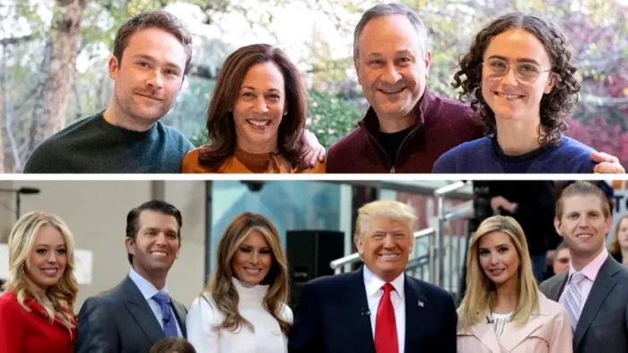 Kamala Harris și Donald Trump cu soții și copiii lor FOTO via BBC