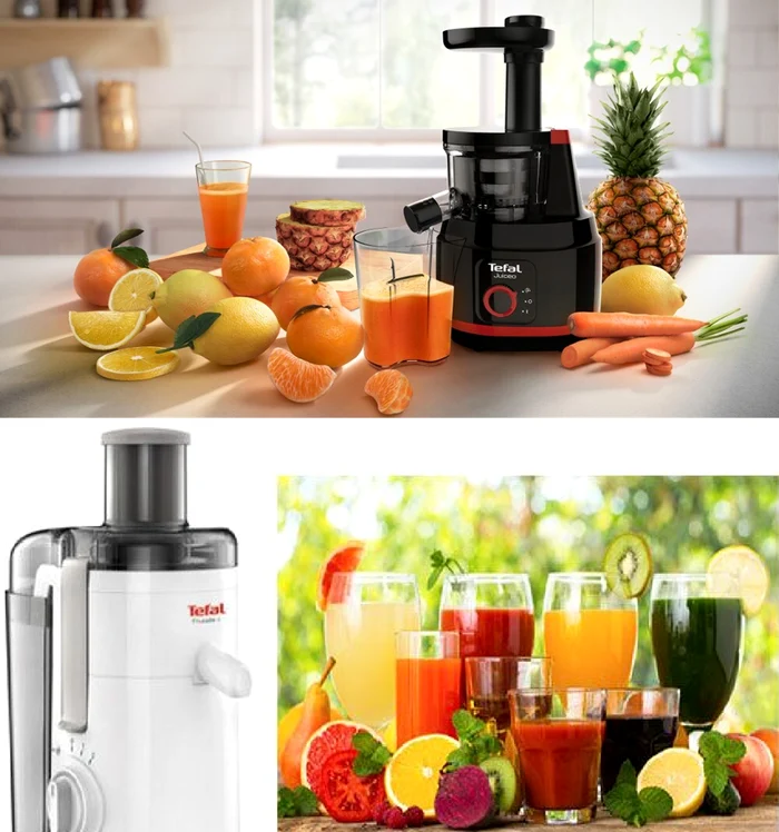 Tefal Juiceo storcător cu presare la rece premium, în alb și negru și sucuri naturale / MediaGalaxy