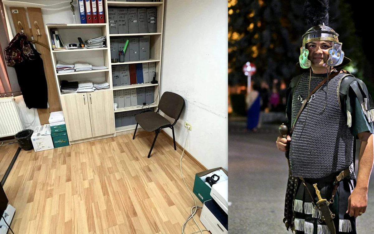 Biroul dispărut (foto: Dan Terteci) și primarul Iulius Bedea (pagina personală de Facebook).