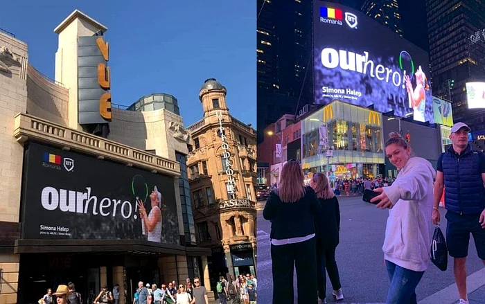 
    Led-uri publicitare cu Halep au putut fi văzute în două faimoase piețe din Londra și New YorkFoto: Facebook / Simona Halep  