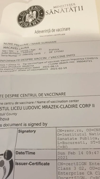 Adeverința de vaccinare este documentul pe care îl primește fircare persoană imunizată și are valabilitate doar în România