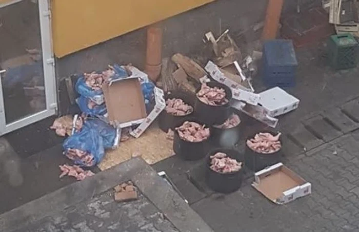 Pulpele de pui sunt lăsate la dezgheţat chiar pe dalele de beton din spatele localului FOTO: Facebook