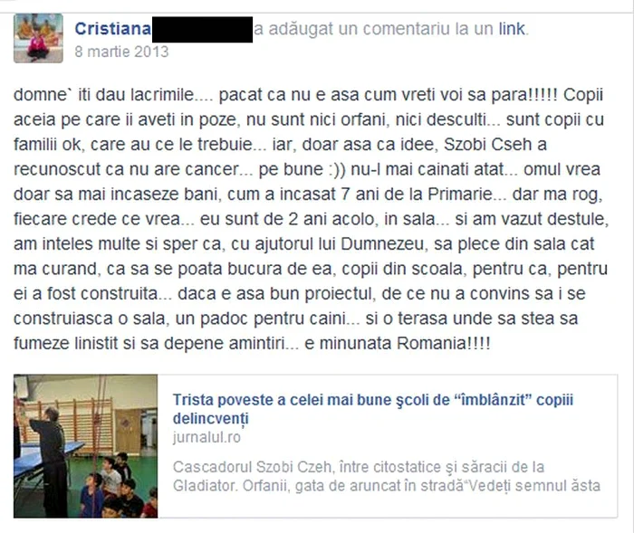 Postarea profesoarei în care susţinea că Szobi Cseh nu are cancer