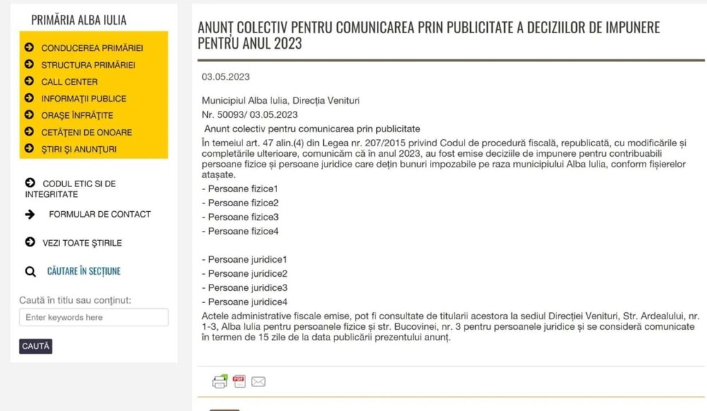 Anchetă SRI la Primăria Alba Iulia. Datele personale ale proprietarilor din oraș, publicate pe site-ul instituției