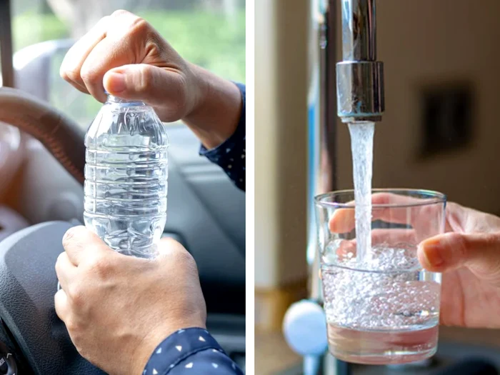 Apă îmbuteliată și apă de la robinet/FOTO: Colaj Shutterstock și Adobestock