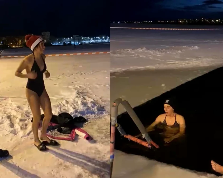 
    Delia Folea și Alessia Mitu-Coșca s-au încumetat să intre în copca săpată în gheațăFoto: Facebook / Lotul Român de Sărituri cu Schiurile  