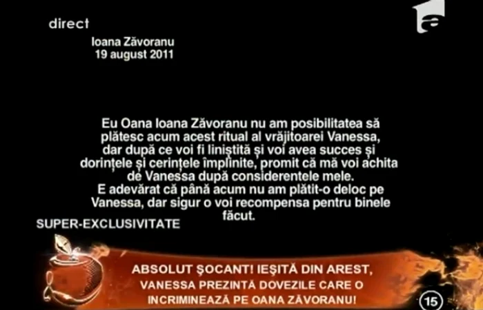 Declaratiile Oanei Zăvoranu la vrăjitoare (captura Antena 1)