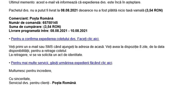 Campanie inselaciuni prin posta romana CAPTURA Bitdefender