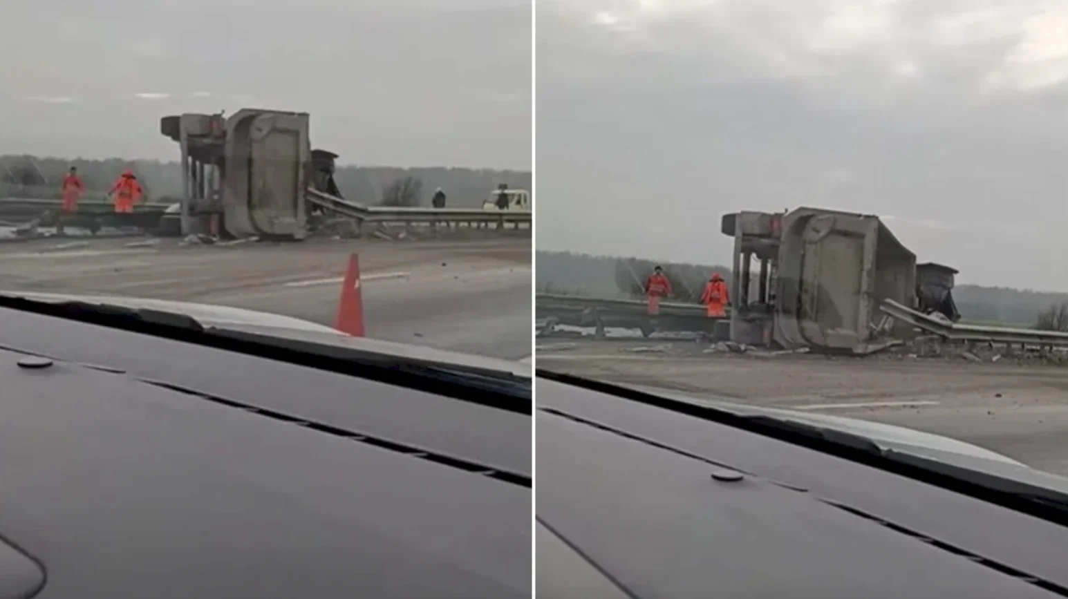 Camion încărcat cu piatră, răsturnat pe Autostrada A3 București–Ploiești. Traficul a fost blocat