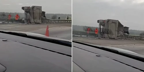 un camion încărcat cu piatră s-a răsturnat în zona localității Snagov, județul Ilfov. FOTO captură video