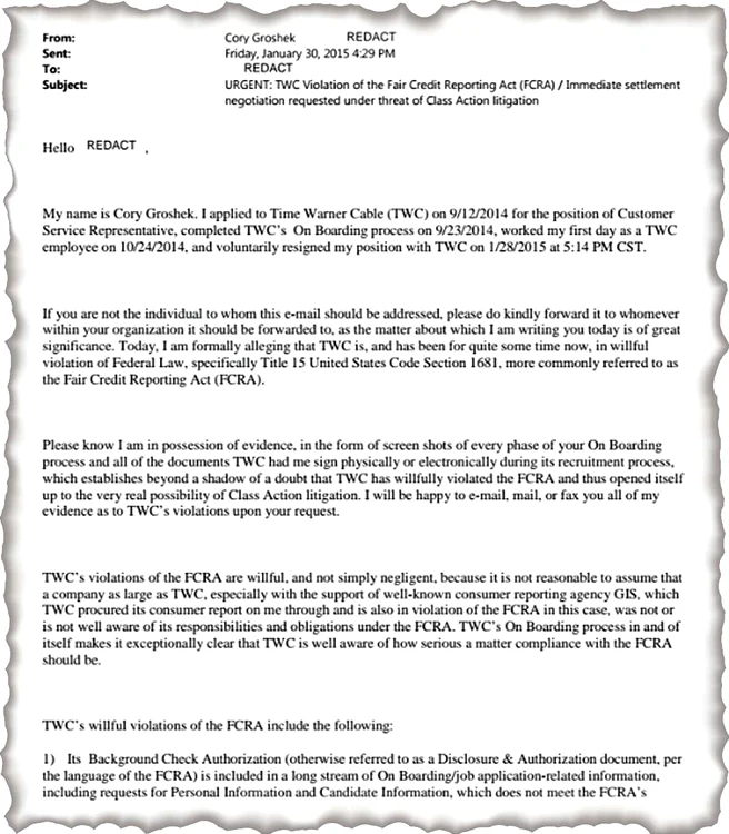 Reclamaţia pe  care a trimis-o companiei Time Warner Cable