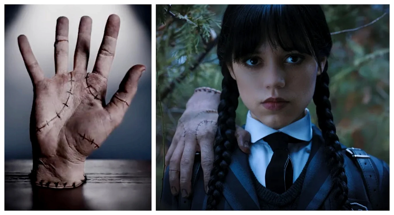 Victor Dorobanțu, în rolul lui Thing, alături de Jenna Ortega (Wednesday Addams)
