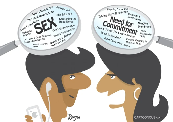 Diferenţele de gândire şi comportament sunt date mai ales de personalitatea fiecărui om, nu de apartenenţa la un anumit gen, spun specialiştii/FOTO Cartoonous.com/www.brucesallan.com