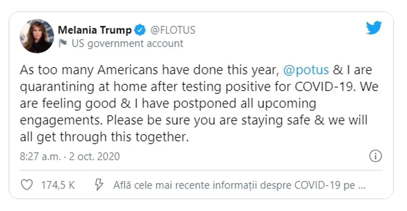 Melania Trump a declarat că se simte bine și le transmite americanilor să aibă grijă de sănătatea lor