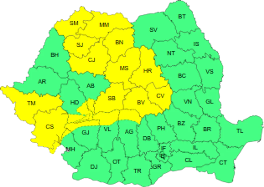 Codul galben este valabil în intervalul 17 mai, ora 10 – 17 mai, ora 23. FOTO ANM