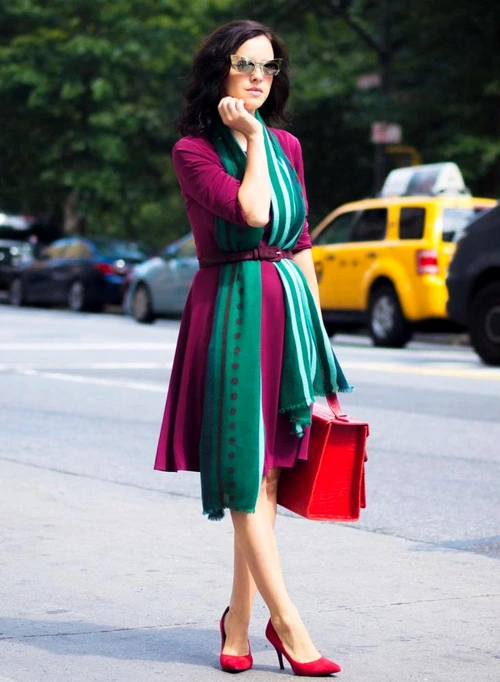 6  purple dress with printed green scarf and red bag with shoes jpg jpeg
