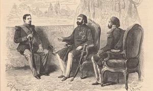 Alexandru Ioan Cuza, primit de sultanul Abdul-Aziz în palatul Dolmabahçe din Istanbul. Desen de Carol Popp de Szathmári, care s-a aflat în suita oficială domnitorului, publicat de revista Le Monde illustré (© Bibliothèque nationale de France)