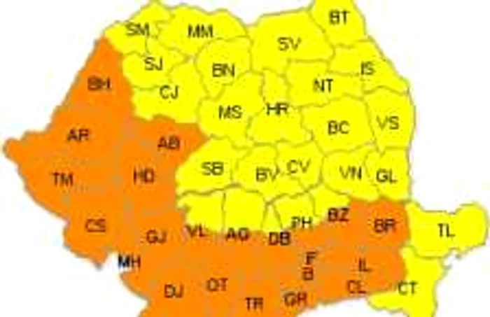 Harta județelor afectate. Foto www.meteoromania.ro