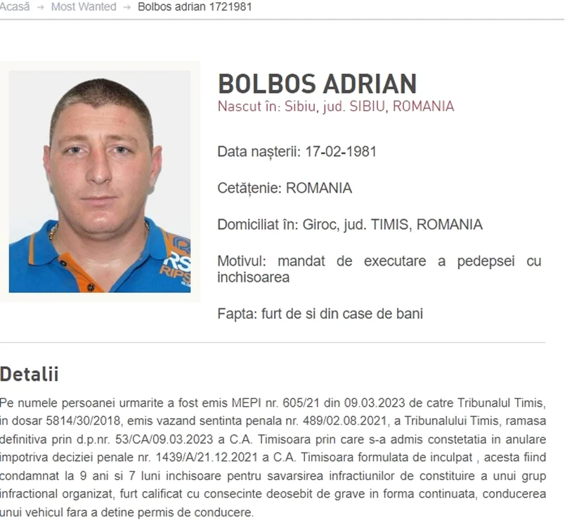 Adrian Bolboș pe lista celor mai căutați infractori - Most Wanted - capturat în Franța Foto Poliția 