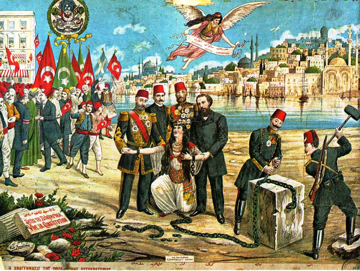 Reintroducerea Constituției 1876, ca urmare a Revoluției Tinerilor Turci. Litografie grecească de Sotiris Christidis. (© Wikimedia Commons)