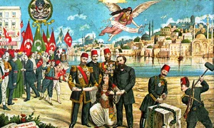 Reintroducerea Constituției 1876, ca urmare a Revoluției Tinerilor Turci. Litografie grecească de Sotiris Christidis. (© Wikimedia Commons)