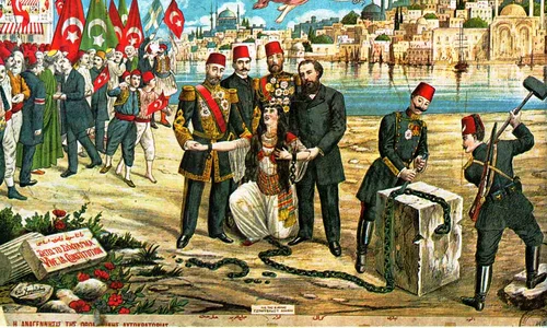 Reintroducerea Constituției 1876, ca urmare a Revoluției Tinerilor Turci. Litografie grecească de Sotiris Christidis. (© Wikimedia Commons)