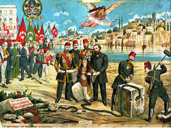 Reintroducerea Constituției 1876, ca urmare a Revoluției Tinerilor Turci. Litografie grecească de Sotiris Christidis. (© Wikimedia Commons)