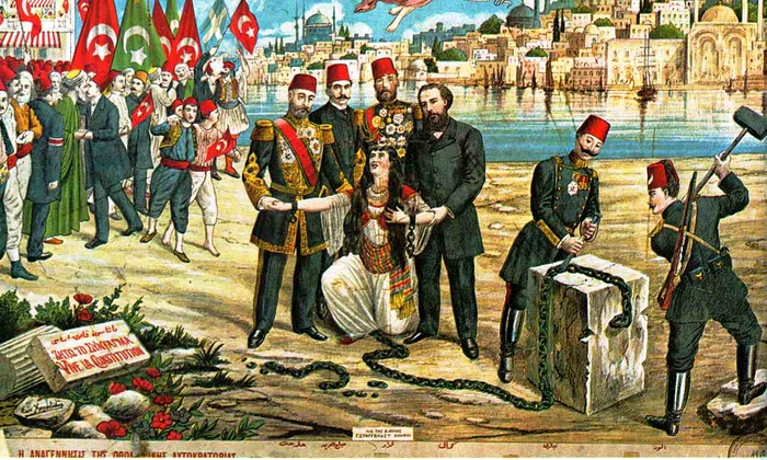 Reintroducerea Constituției 1876, ca urmare a Revoluției Tinerilor Turci. Litografie grecească de Sotiris Christidis. (© Wikimedia Commons)