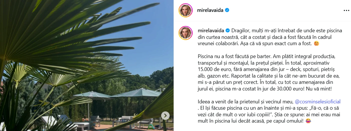 Postarea Mirelei Vaida în care vorbește despre prețul piscinei. 