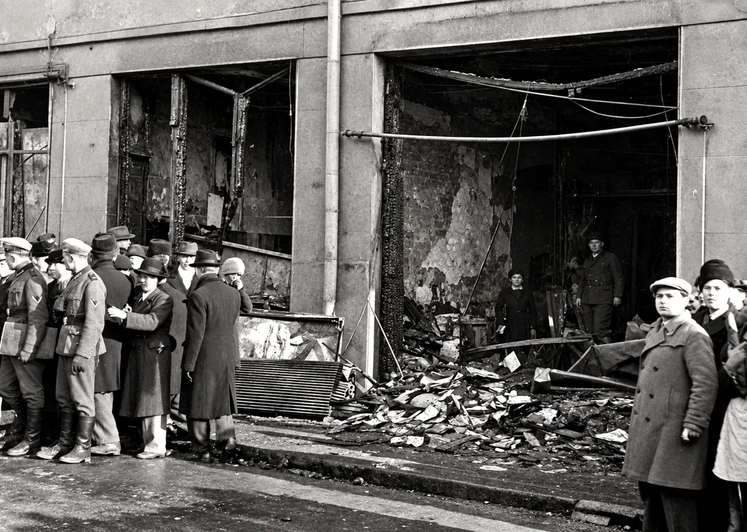 Case și magazine incendiate în timpul Rebeliunii Legionare din ianuarie 1941.