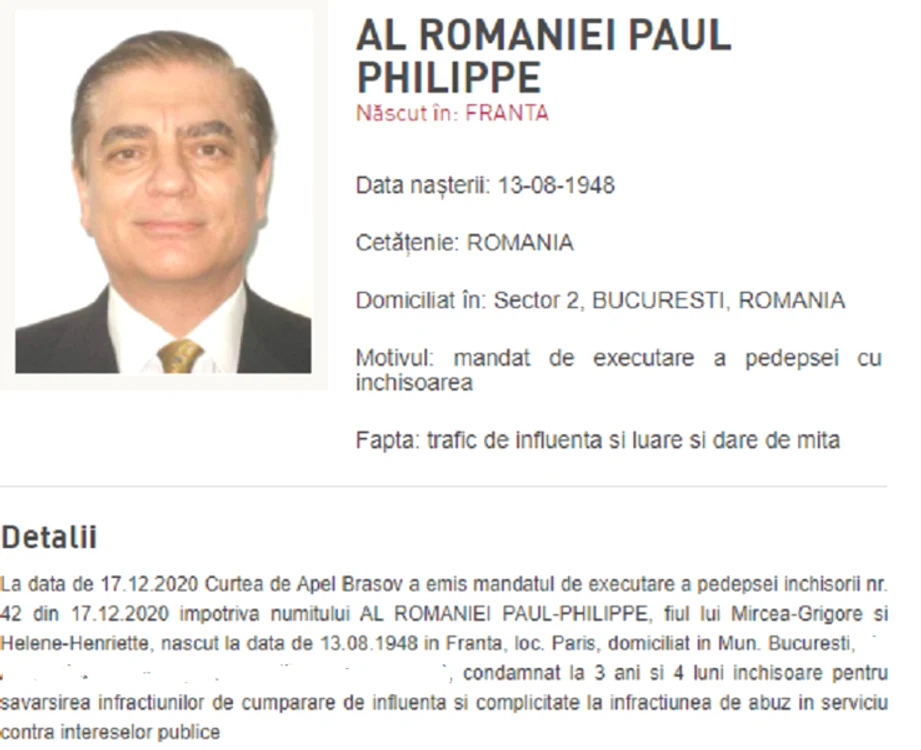 Mandatul de executare a pedepsei emis pe numele Prinţului Paul