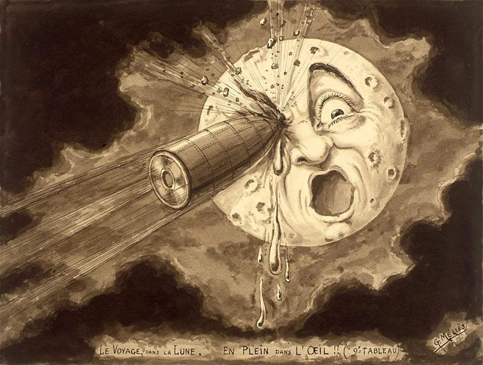 „Le voyage dans la lune, en plein dans l'œil!!“, schiţa realizată de regizorul Georges Méliès FOTO Wikimedia