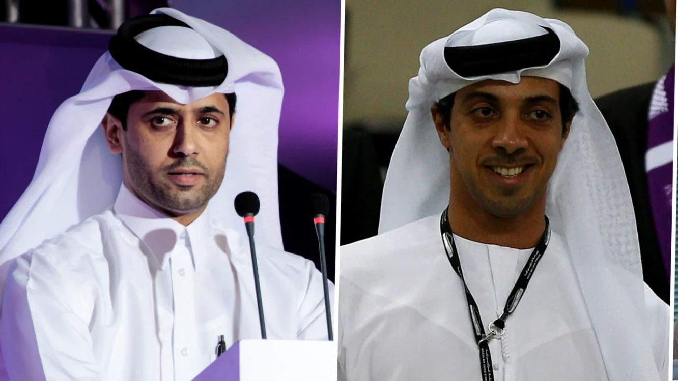 Nasser Al-Khelaifi (stânga), patronul celor de la PSG şi rivalul său de la City, Sheikh Mansour