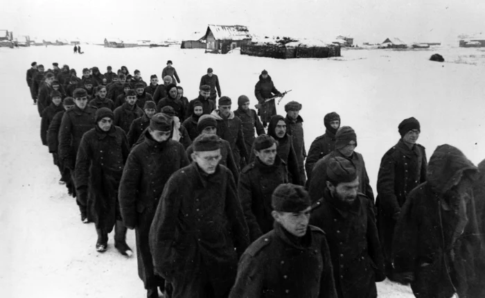 Coloană de prizonieri germani capturați la Stalingrad