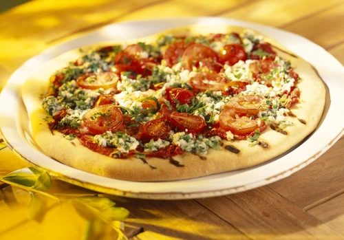 Goat's cheese,cherry tomato and basil pizza jpeg