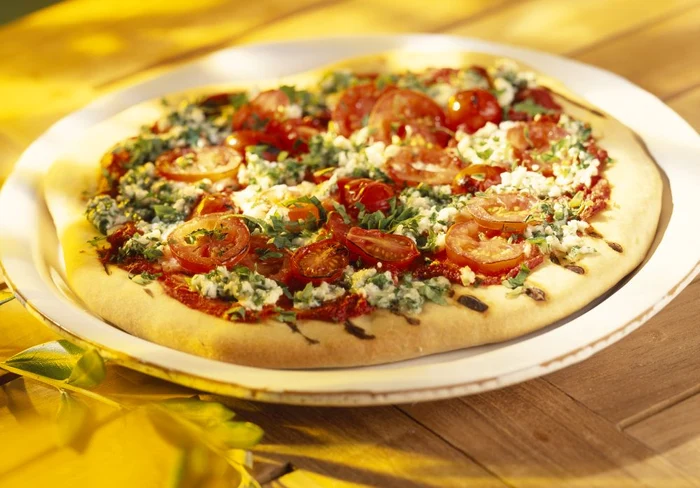 Goat's cheese,cherry tomato and basil pizza jpeg