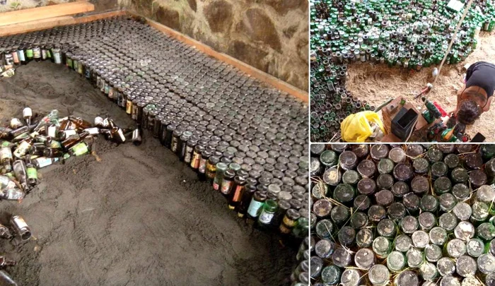 Sticle folosite la fundații. Foto: Mutat la țară, viața fără ceas. Facebook