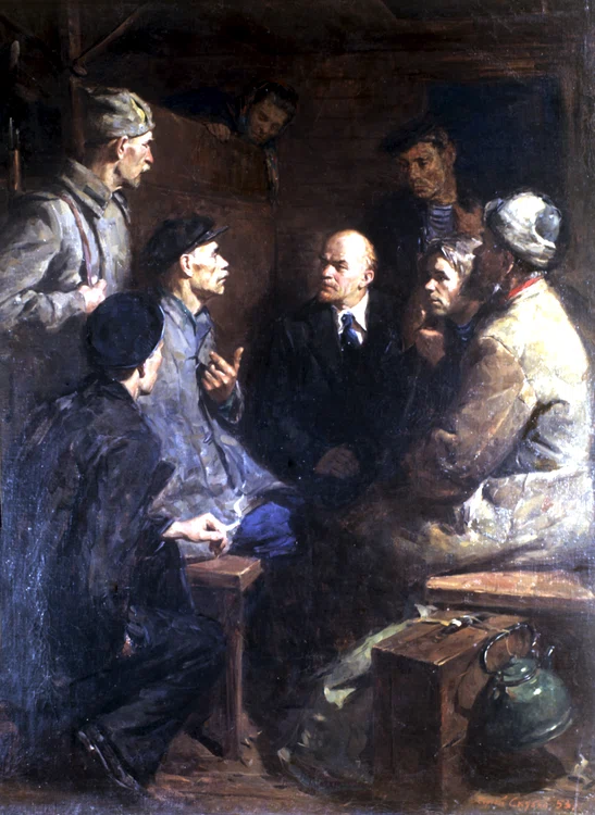 De-a lungul timpului, nenumăraţi artiști sovietici s-au întrecut să înfăţișeze întoarcerea în patrie a lui Lenin – aceasta este versiunea lui Petr Vasiliev