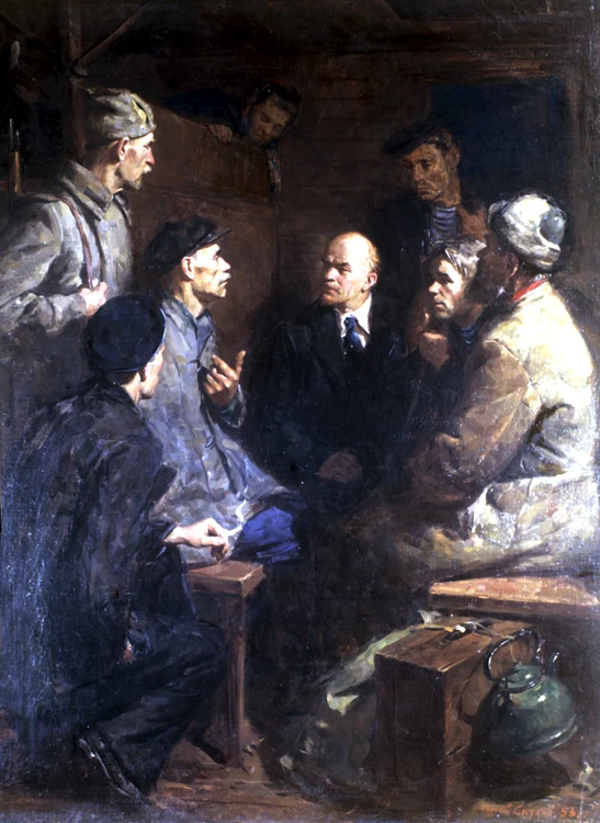 De-a lungul timpului, nenumăraţi artiști sovietici s-au întrecut să înfăţișeze întoarcerea în patrie a lui Lenin – aceasta este versiunea lui Petr Vasiliev