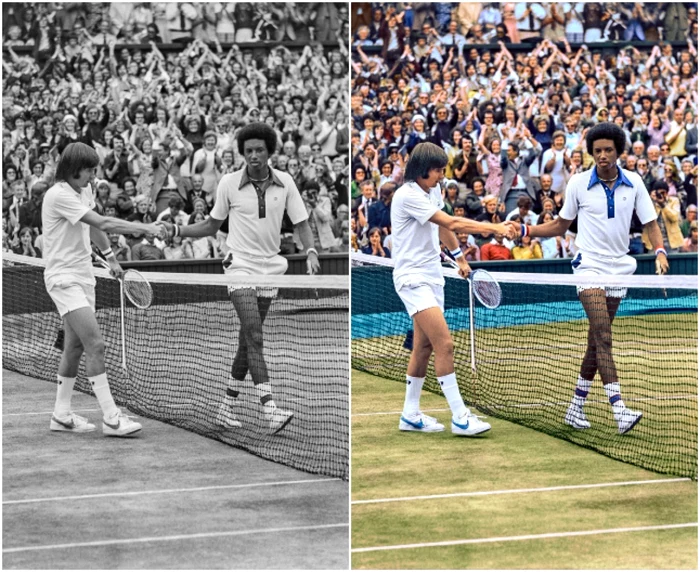 Fotografie alb negru cu Arthur Ashe şi Jimmy Connors colorizata de OPPO