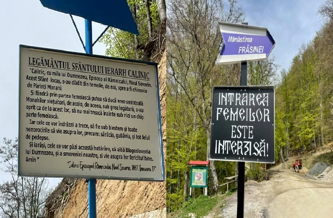 Indicatoarele de la baza muntelui pe care se află Mănăstirea Frăsinei - Vâlcea prin care se interzice accesul femeilor Foto colaj