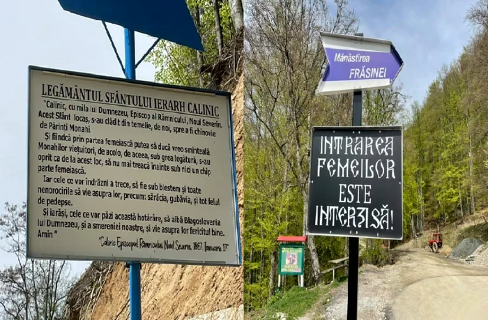 Indicatoarele de la baza muntelui pe care se află Mănăstirea Frăsinei - Vâlcea prin care se interzice accesul femeilor Foto colaj