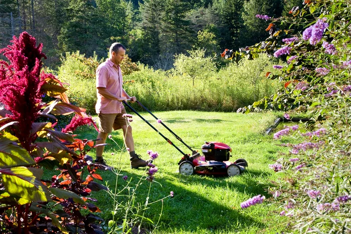 O mașină de tuns iarba în acțiune în grădină Foto Better Homes & Gardens