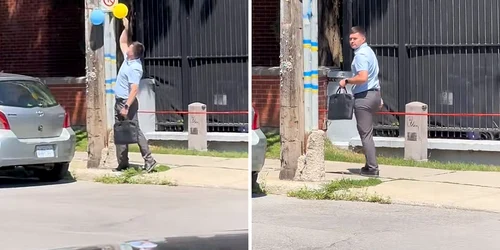 un angajat la Ambasada Rusiei în Canada a spart baloane in culorile Ucrainei de pe un stalp din Ottawa  TikTok @Izigazumba png