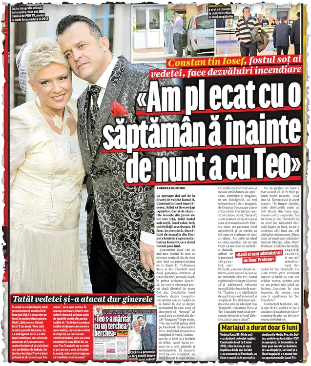 Constantin Iosef a trimis presei  o scrisoare deschisă în care a  dezvăluit detalii din mariajul lui
