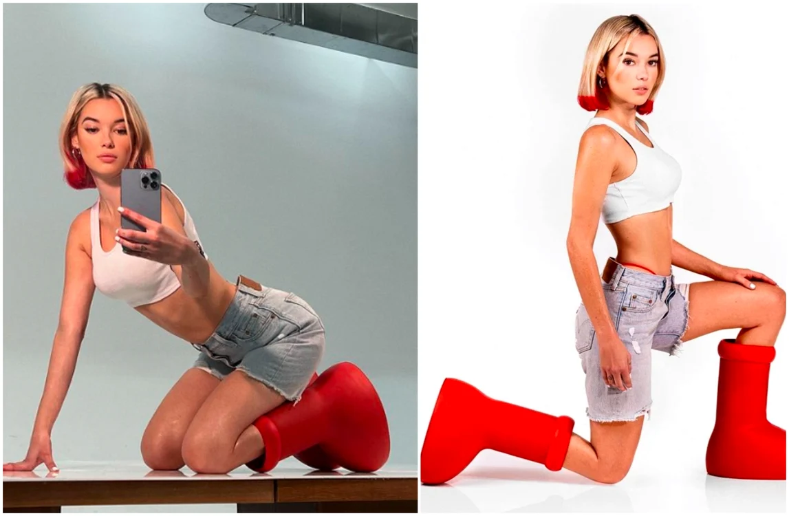 Fotomodelul Sarah Snyder, încăltață cu cizmele MSCHF FOTO Instagram 